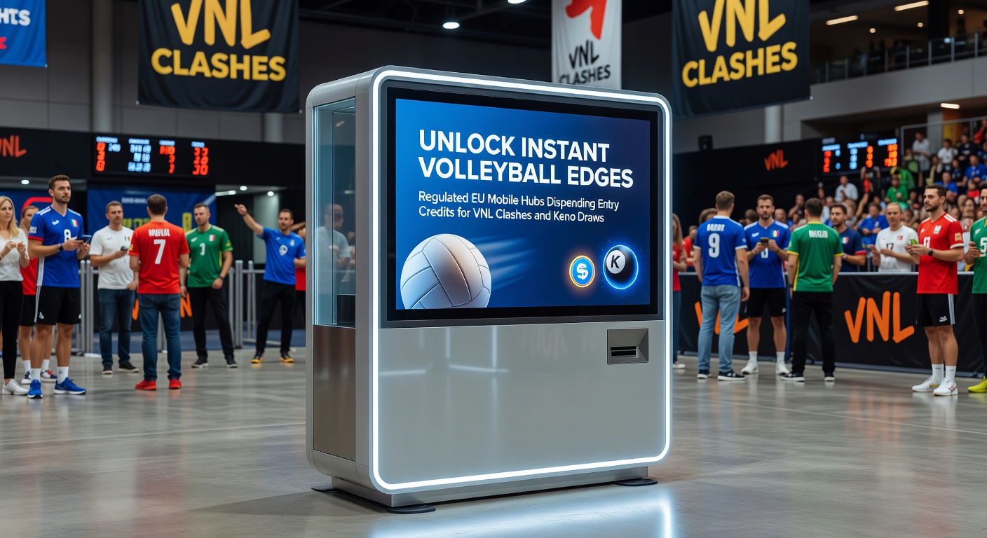 Mobile App mit Volleyball-Action und Keno-Symbolen auf einem Smartphone-Bildschirm, das Einstiegs-Credits für EU-Nutzer zeigt