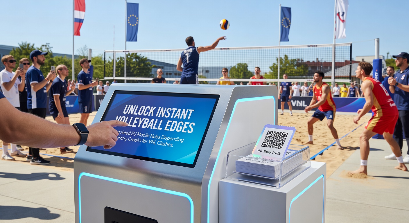 Dynamisches Volleyball-Match der VNL mit jubelnden Spielern und einer Keno-App-Screenshot im Vordergrund, symbolisierend Gratis-Credits