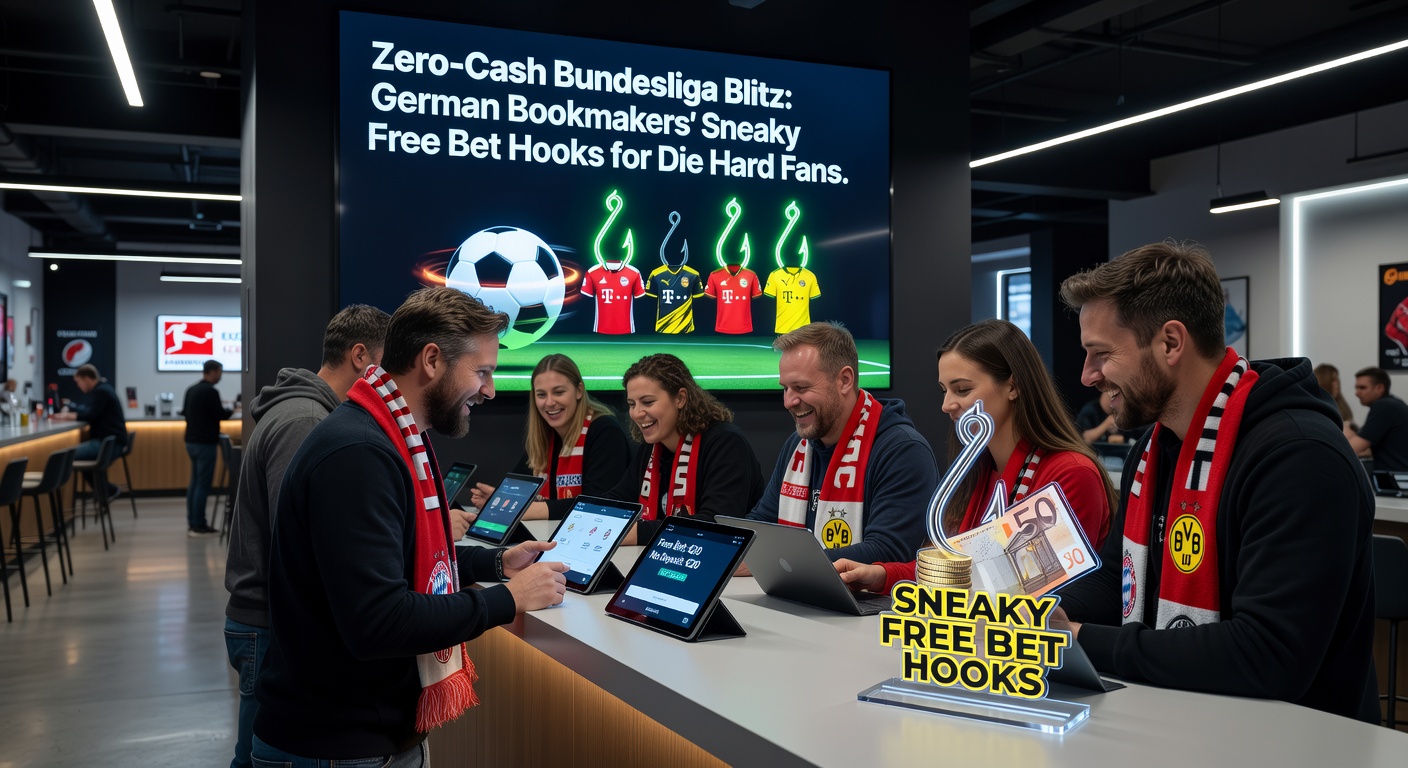 Leidenschaftliche Bundesliga-Fans im Stadion mit digitalen Wetten-Overlays und Blitz-Effekten